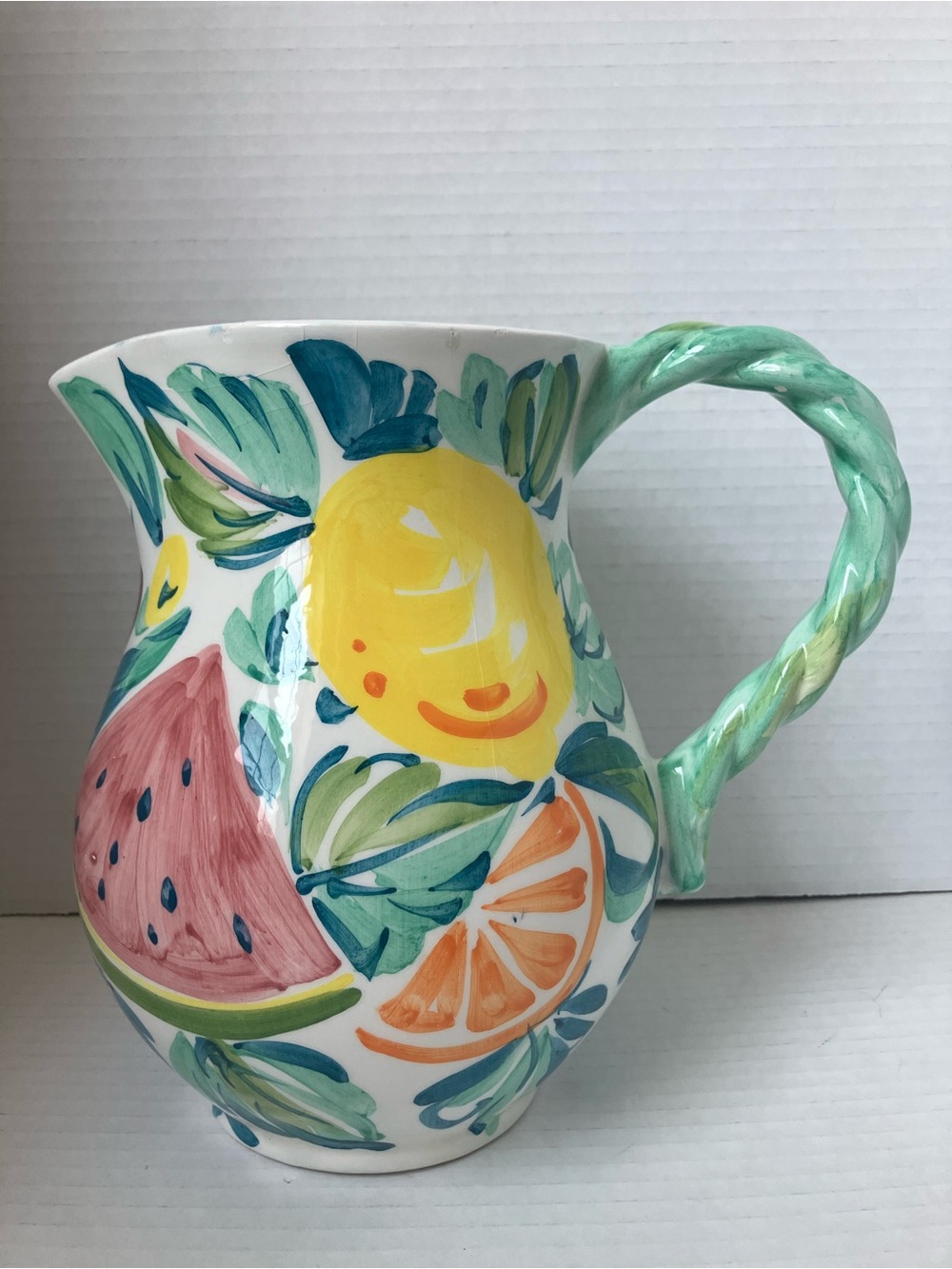 Crate&Barrel Hand-Painted Floral Fruit Ceramic Pitcher in Green  Yellow Red Blue